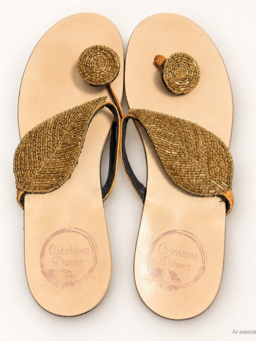 Creations Dorees Gold Beaded Leaf Toe Loop Flat Sandals Size 9